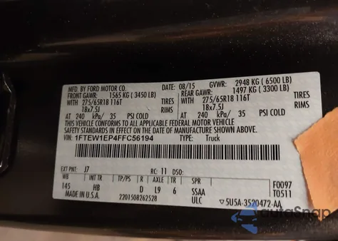 2015 Ford F-150 Lariat z USA, uszkodzony, nr VIN 1FTEW1EP4FFC56194